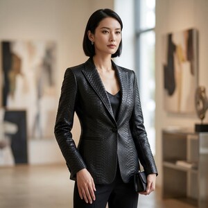 Könnte beinhalten: Ein schwarzer Blazer mit Schlangenlederstruktur, Ein-Knopf-Verschluss und fallendem Revers. Der Blazer wird mit einer schwarzen Hose und einer kleinen schwarzen Clutch kombiniert. Der Hintergrund ist eine Galerie mit abstrakter Kunst.