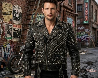 Men's Black Leather Studded Biker Jacket, Punk Rock Moto Streetwear