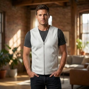 May include: A white vest with a snake-skin pattern and a silver zipper. The vest is worn over a gray t-shirt and paired with dark blue jeans. The person is standing in a room with brick walls and natural light.