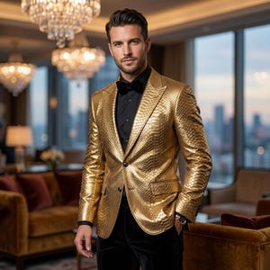 May include: A gold blazer with a textured, snakeskin-like pattern. The blazer is paired with a black shirt and bow tie. The background features a luxurious interior with chandeliers and a city view.