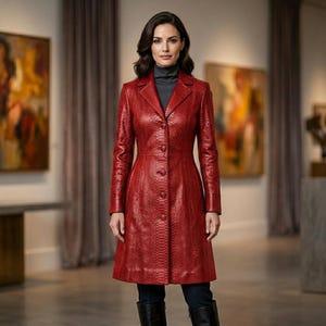 Women’s Red Snake Leather Coat – Long Python Textured Trench Jacket, Tailored Luxury Leather Dress Coat