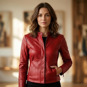 Women’s Red Snakeskin Leather Jacket – Python Moto Coat, Premium Luxury Exotic Textured Biker Jacket