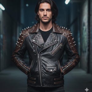 May include: Black leather jacket with brown accents and silver studs. The jacket features a classic biker style with a zipper closure, multiple pockets, and a brown leather collar and shoulder detail. The jacket is a stylish piece of outerwear.