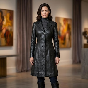Women’s Black Snake Leather Coat – Long Python Textured Trench Jacket, Tailored Luxury Leather Dress Coat