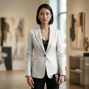 Könnte beinhalten: Ein silberner Blazer mit strukturiertem Muster, kombiniert mit schwarzer Hose und einem schwarzen Oberteil. Der Blazer hat einen Ein-Knopf-Verschluss und ein klassisches Revers. Eine kleine schwarze Clutch wird gehalten.