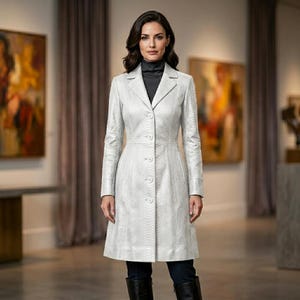 Women’s White Snake Leather Coat – Long Python Textured Trench Jacket, Tailored Luxury Leather Dress Coat