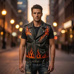 Peut inclure: Gilet en cuir noir avec un motif de flammes orange et des clous argentés. Le gilet a une fermeture éclair et est porté sur un t-shirt noir. Le gilet est associé à un jean en denim déchiré.