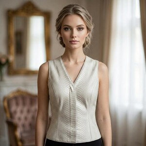 Può includere: Un gilet senza maniche color crema con scollo a V e un motivo strutturato simile alla pelle di serpente. Il gilet è abbottonato sul davanti ed è abbinato a un fondo nero. Lo sfondo comprende uno specchio e una sedia.