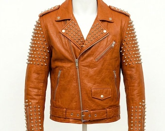 Men's Orange Studded Leather Biker Jacket, Hand-Spiked Punk Rock Moto Coat