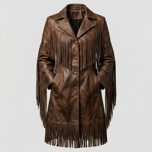 Abrigo largo de piel de vaca marrón con flecos para mujer, abrigo largo hecho a mano de inspiración western, chaqueta bohemia de estilo nativo vintage para festivales.