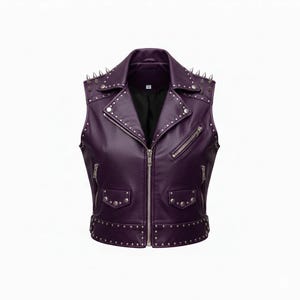 Women’s Purple Studded Leather Biker Vest - Wolf Back Patch Spiked Punk Goth Moto