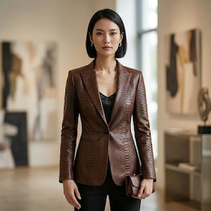 May include: A brown snakeskin-effect blazer with a single-button fastening. The blazer features a notched lapel and a small matching clutch. The person is wearing a black top and black trousers. The background is a blurred art gallery.