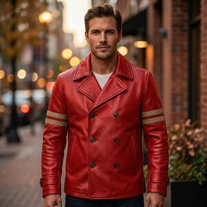 Men's Red Leather Double-Breasted Biker Jacket with Embroidered Wolf Patch – Streetwear Luxury Outerwear