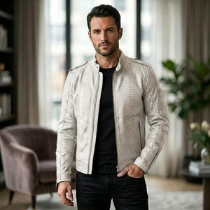 Men's White Python Biker Jacket – Textured Leather Moto Coat, Modern Luxury Exotic Fashion Jacket, Black Textured Outerwear