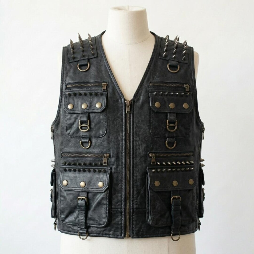Men's Distressed Black Leather Biker Vest, Studded Spiked Moto ...