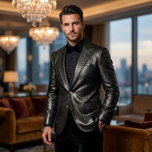 May include: A black, textured leather blazer with a snakeskin pattern, paired with a black shirt and bow tie. The blazer features gold buttons and a tailored fit. The outfit is completed with black velvet pants.