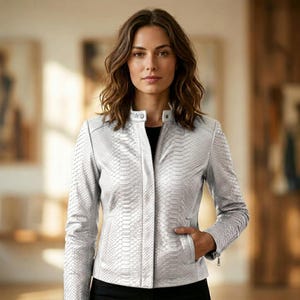 Women’s White Snakeskin Leather Jacket – Python Moto Coat, Premium Luxury Exotic Textured Biker Jacket