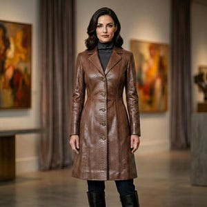 Women’s Brown Snake Leather Coat – Long Python Textured Trench Jacket, Tailored Luxury Leather Dress Coat