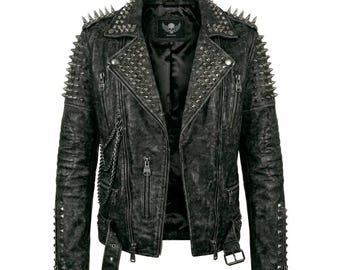 Men’s Distressed Black Leather Biker Jacket Spiked Punk Rock Moto Coat Chains