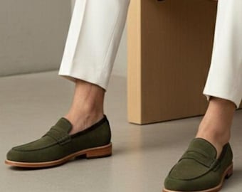 Handmade Italian-Style Slip-On Wedding Shoes, Men's Olive Green Suede Luxury Penny Loafers