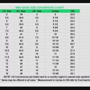 May include: Men's shoe size conversion chart showing US, EU, and UK sizes, inches, and cm measurements. Sizes range from US 5 to 16, with corresponding EU, UK, inch, and cm measurements. Includes foot heel-to-toe measurements.