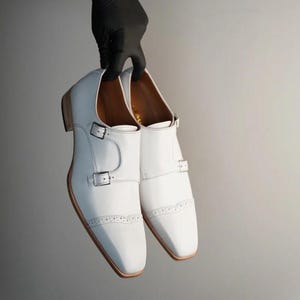 Men’s white double monk strap shoes, handmade leather oxfords, formal wedding dress