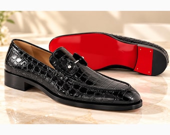 Mocassins en cuir noir façon crocodile, faits main : Chaussures habillées pour hommes | Semelle rouge