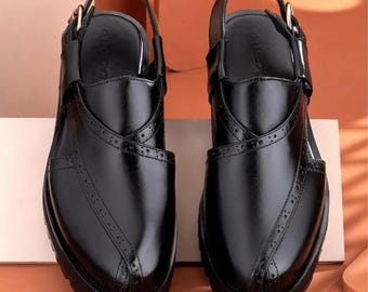 Men's Black Leather Peshawari Chappal: Handcrafted Traditional Sandals