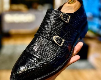 Black snake embossed double monk strap shoes, cap toe leather dress shoes for men