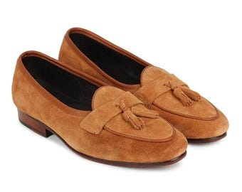Suede Belgian tassel loafers, sleek slip-on dress shoes for men Gift For Him