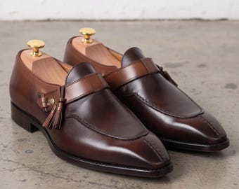 Men's Dark Brown Tassel Loafers, Apron Toe Leather, Two-Tone Dress Shoes