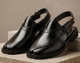 Mens Peshawari Chappal in Classic Black, Genuine Leather, Pakistani Sandal, Traditional Footwear