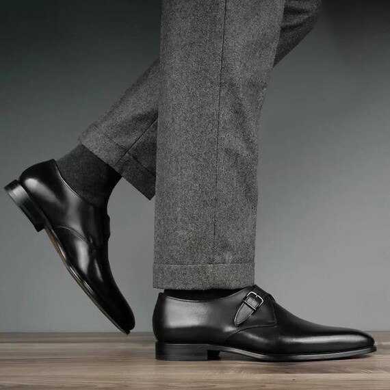 Handmade Black Leather Single Monk Strap Shoes for Men | Formal Office Dress Shoes