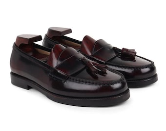 Men's Burgundy Leather Tassel Loafers Handmade Slip On Dress Shoes Vamp Moc toe