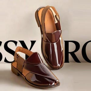 May include: Two pairs of glossy, dark brown leather sandals with a slingback design. The sandals have a polished finish and a contrasting light brown interior. The background features the word "RO" in black.