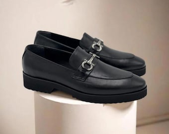 Men’s classic black loafers, slip-on bit style, office to casual