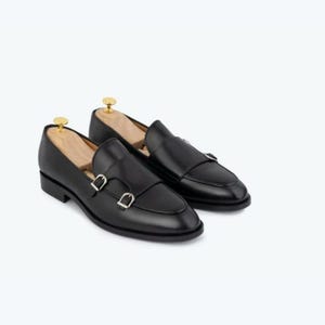 Bespoke Handmade Black Leather Double Monk Strap Loafers for Men | Luxury Formal Dress Shoes