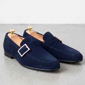 Men’s navy suede buckle loafers, handmade leather dress shoes