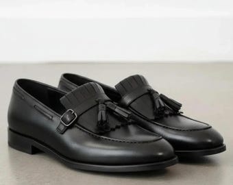 Men’s black leather tassel loafers, fringe buckle black dress shoes