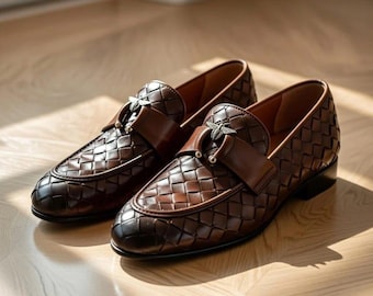 Handmade leather loafers, woven brown slip on, bee bit detail, dress shoes