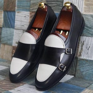 Men’s Handmade Black White Leather Monk Strap Shoes | Two-Tone Wedding Dress Shoes