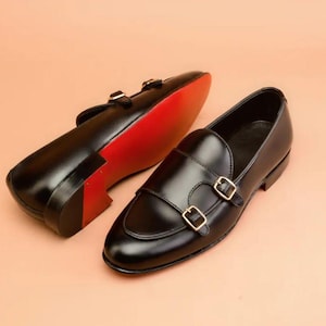 Black Leather Double Monk Strap Shoes for Men | Red Sole Party Dress Shoes