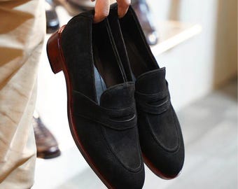 Custom Leather Loafers for Men, black suede penny style, formal slip on shoes