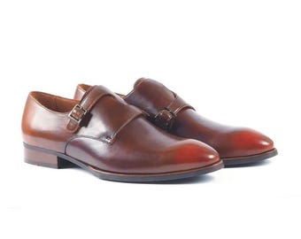 Handmade Brown Leather Monk Strap Shoes for Men | Classic Formal Dress Shoes