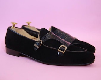 Handmade Suede and Embossed Leather Monk Strap Shoes | Men’s Formal Wedding Loafer