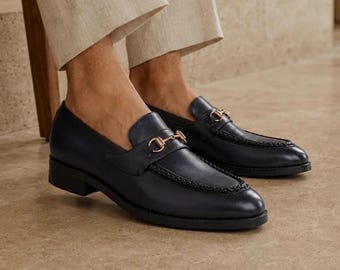 Men’s navy blue leather horsebit loafers, handmade moc-toe blue dress shoes