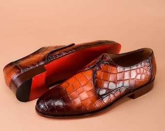 Handmade Croc Embossed Leather Oxford Shoes for Men | Hand Polished Lace-Up Formal Dress Shoes