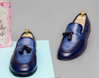 Handmade Blue Leather Tassel Loafers for Men | Bespoke Slip-On Elegant Formal Dress Shoes