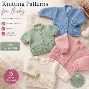 May include: Knitting Patterns for Baby digital product PDF file instant download. Four baby cardigans in blue, sage green, pink, and cream with button closures and lace-style hem detailing. Text includes Knitting Patterns for Baby, SIZE 12-22 inch.
