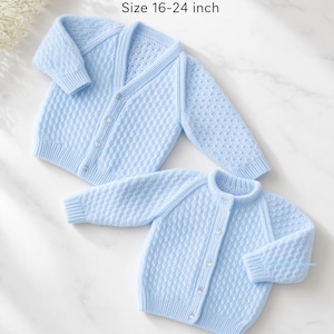 May include: Two light blue knitted cardigans with a textured pattern, long sleeves, and button-front closures. The text reads Digital knitting pattern Size 16-24 inch. The garments feature ribbed cuffs and hems, showcasing a consistent stitch design.